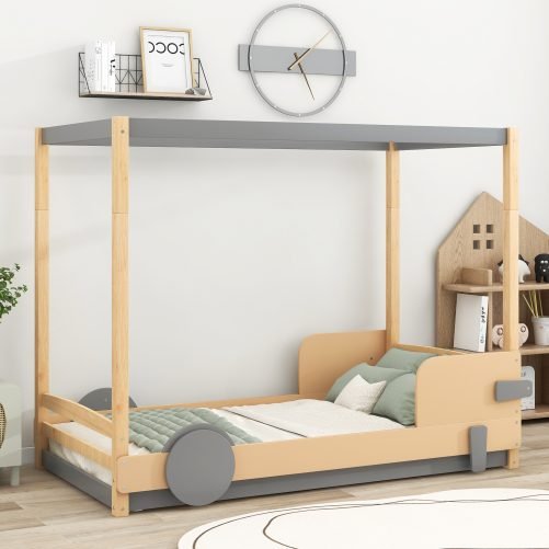 Car Shaped Twin Size Canopy Platform Bed With Wheels