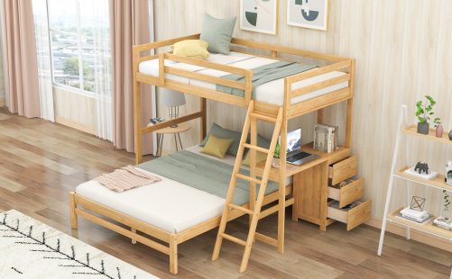Twin over Full Bunk Bed with Ladder, Built-in Desk and Three Drawers