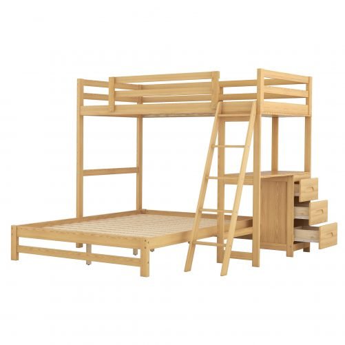 Twin over Full Bunk Bed with Built-in Desk and Three Drawers