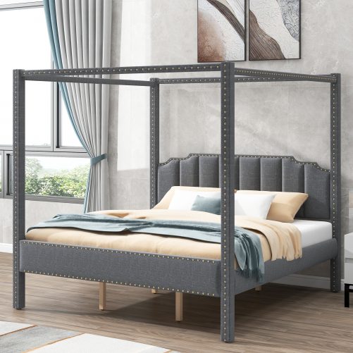 King Size Upholstery Canopy Platform Bed With Headboard