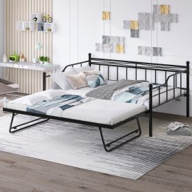 Full Size Metal Daybed With Twin Size Adjustable Trundle