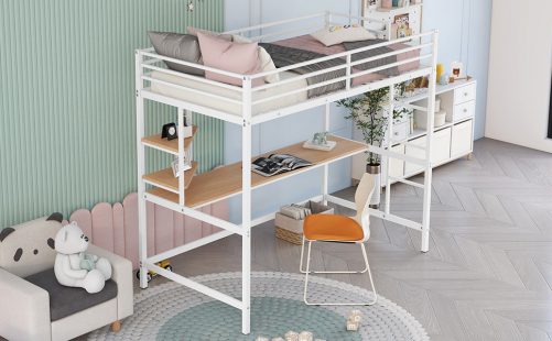Metal Twin Loft Bed With Desk And Shelve
