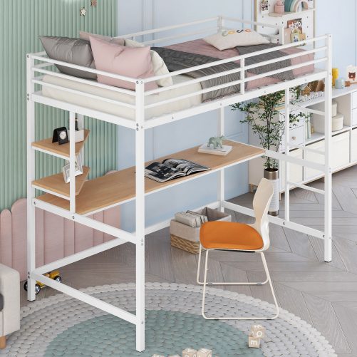 Metal Twin Loft Bed With Desk And Shelve
