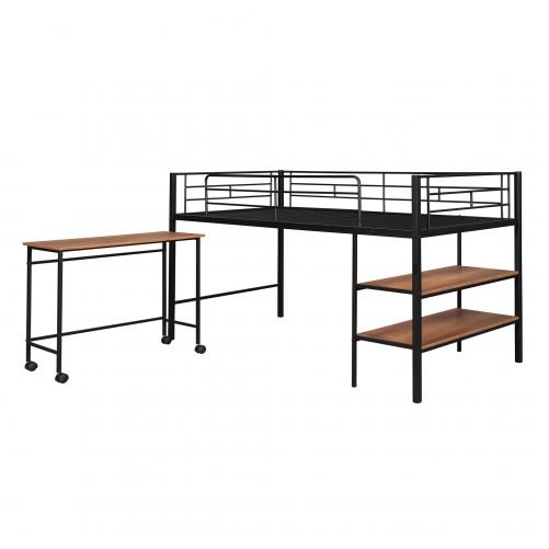 Metal Twin Size Loft Bed With Movable Desk And Shelves
