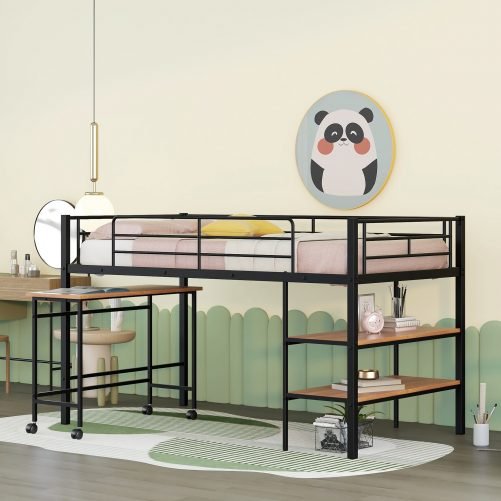 Metal Twin Size Loft Bed With Movable Desk And Shelves