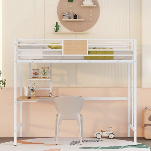 Metal Twin Loft Bed With Desk, Guardrail And Shelve