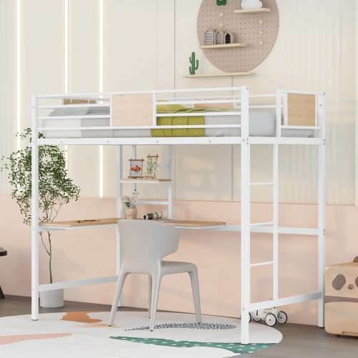 Metal Twin Loft Bed With Desk, Guardrail And Shelve