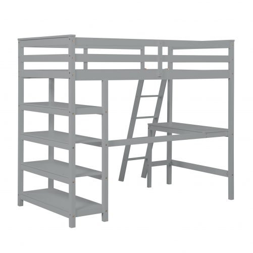 Twin Size Loft Bed With Desk, Ladder and Shelves