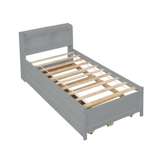Twin Platform Bed With Twin Trundle,  Bookcase and 6 Drawers