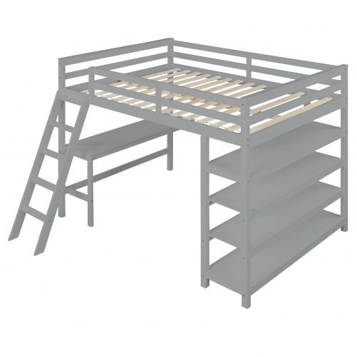 Full Size Loft Bed With Desk, Ladder and Shelves