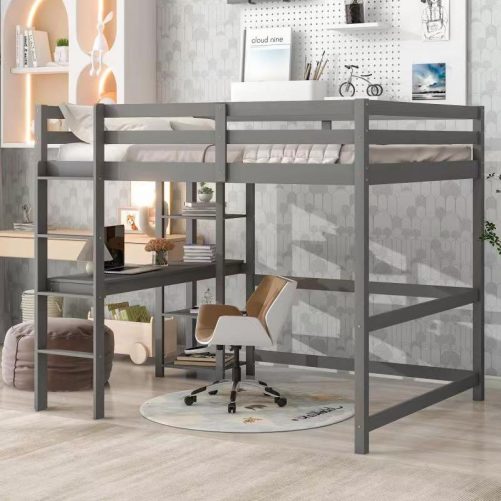 Full Size Loft Bed With Desk, Shelves and Guardrail