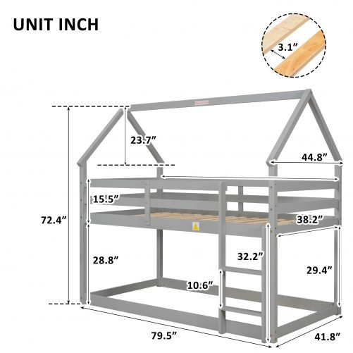 House Shape, Twin Size Low Bunk Bed with Ladder