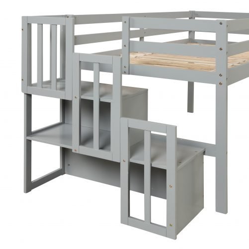 Twin Loft Bed With Staircase and Guardrail