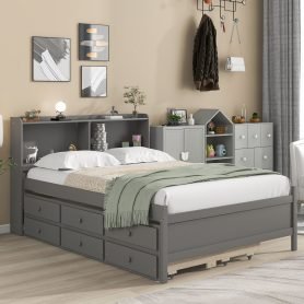 Full Platform Bed With Twin Trundle,  Bookcase and 6 Drawers