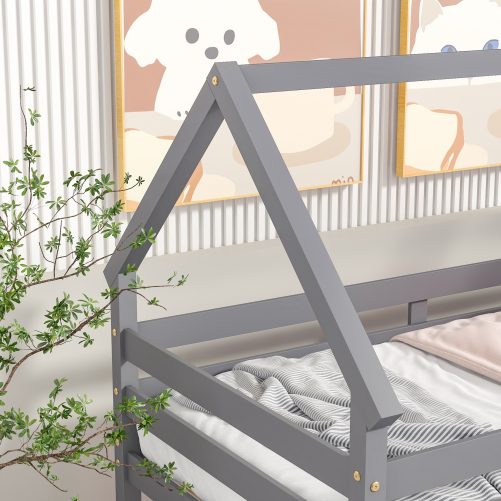 House Shape, Twin Size Low Bunk Bed with Ladder