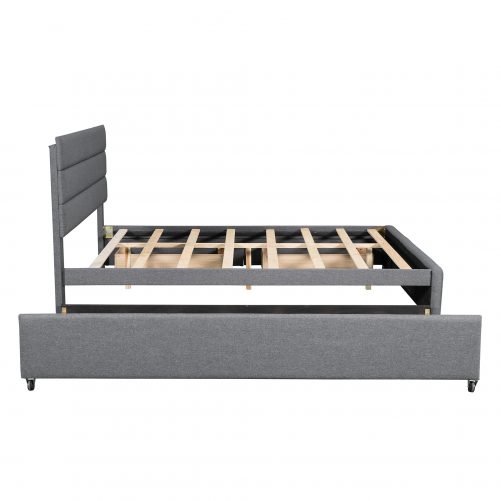 Upholstered Queen Size Platform Bed With Trundle And Two Drawers