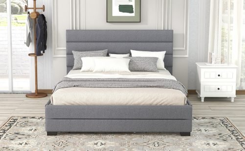 Upholstered Queen Size Platform Bed With Trundle And Two Drawers