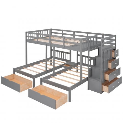 Full Over Twin & Twin Bunk Bed With Drawers And Guardrails