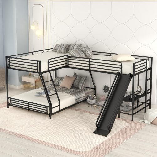 L-Shaped Twin over Full Bunk Bed with Twin Size Loft Bed,Built-in Desk and Slide