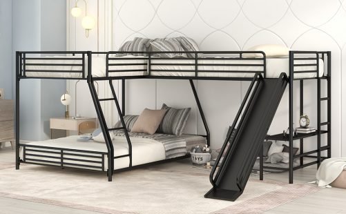 L-Shaped Twin over Full Bunk Bed with Twin Size Loft Bed,Built-in Desk and Slide