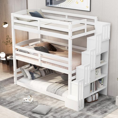 Separate Design Twin over Twin over Twin Bunk Bed with Storage Staircase