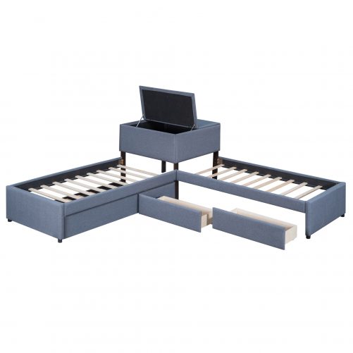 L-Shaped Upholstered Platform Bed With Trundle And Two Drawers Linked With Built-in Desk, Twin