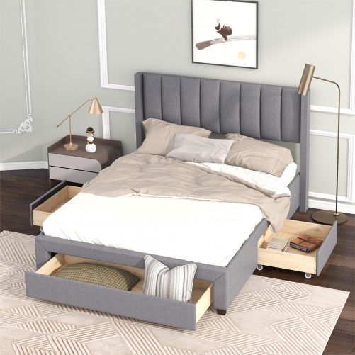 Queen Size Upholstered Platform Bed with One Large Drawer in the Footboard and Drawer on Each Side