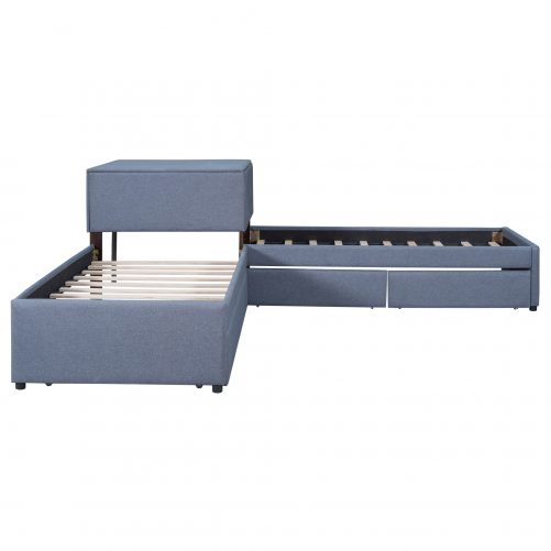 L-Shaped Upholstered Platform Bed With Trundle And Two Drawers Linked With Built-in Desk, Twin