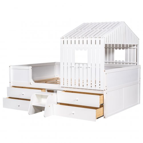 House Shape Full Size Low Loft Bed with Four Drawers