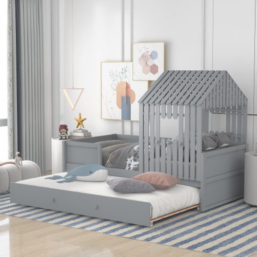 House Shape Twin Size Low Loft Bed with Trundle