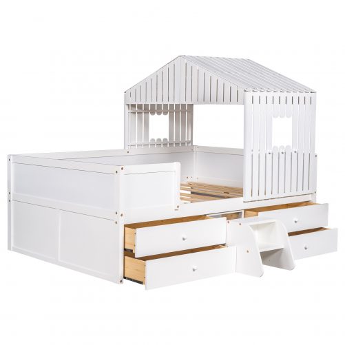 House Shape Full Size Low Loft Bed with Four Drawers