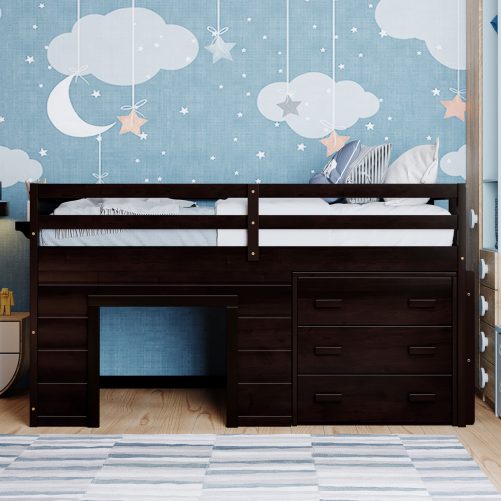 Solid Wood Twin Size Loft Bed With Cabinet And Shelf