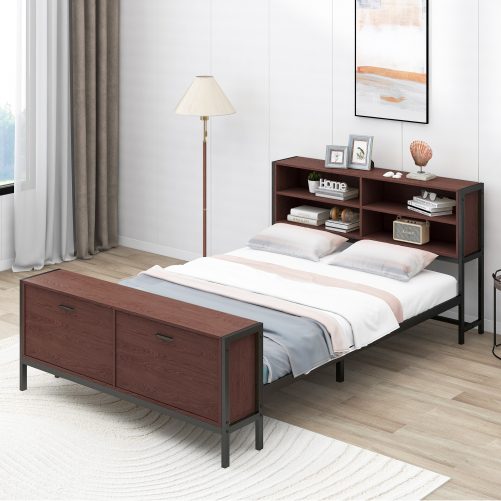 Queen Size Metal Platform Bed with Storage Cabinets in the Headboard and Footboard