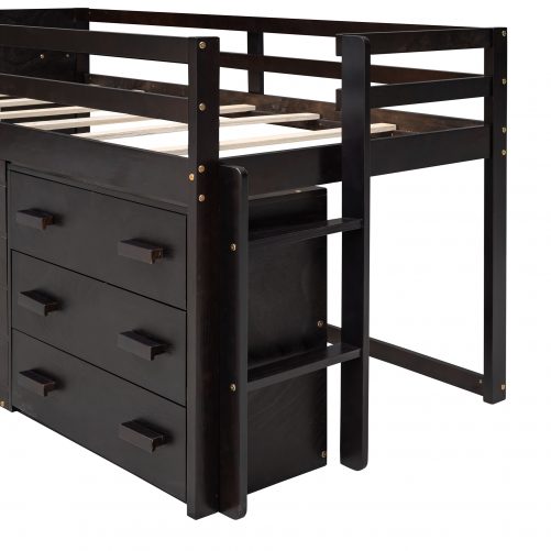 Solid Wood Twin Size Loft Bed With Cabinet And Shelf