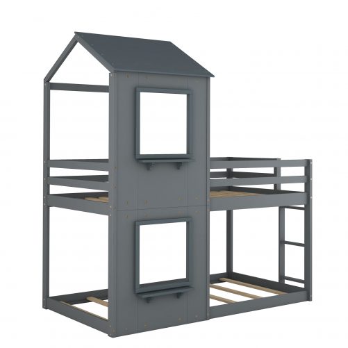 Solid Wood Twin Over Twin Bunk Bed With Roof, Window, Guardrail and Ladder