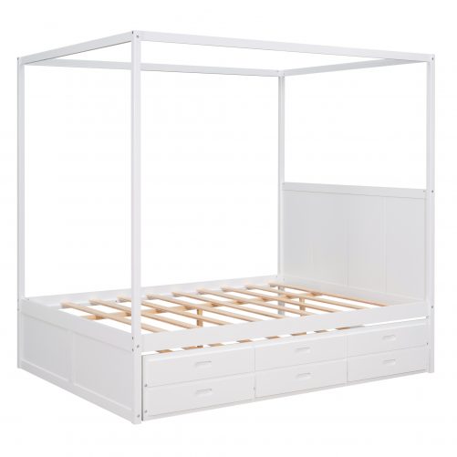 Queen Size Canopy Platform Bed With Twin Size Trundle And Three Storage Drawers