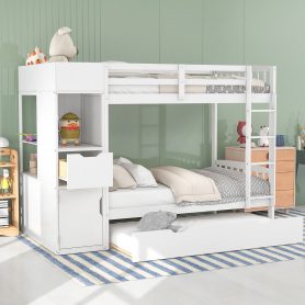 Twin Size Bunk Bed With Trundle And Attached Multifunctional Locker