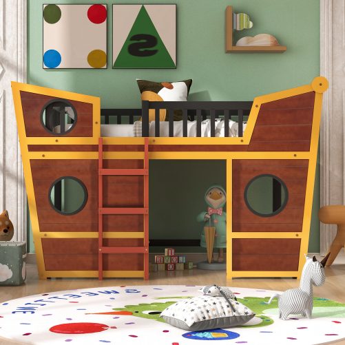 Twin Size Boat Shape Loft Bed with Ladder