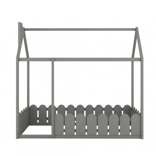 House Twin Size Wood Bed Frame With Fence, Slats Are Not Included