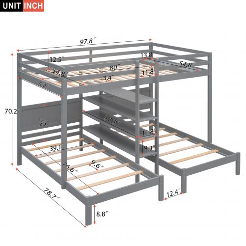 Full XL over Twin&Twin Bunk Bed with Built-in Four Shelves and Ladder