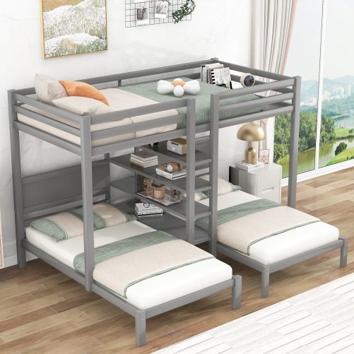 Twin XL over Twin&Twin Bunk Bed with Built-in Four Shelves and Ladder