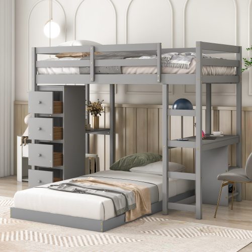 Wood Twin Over Twin Bunk Bed With Drawers And Shelves