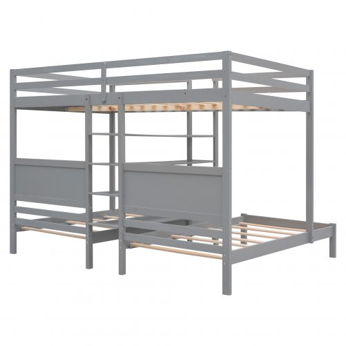 Full XL over Twin&Twin Bunk Bed with Built-in Four Shelves and Ladder