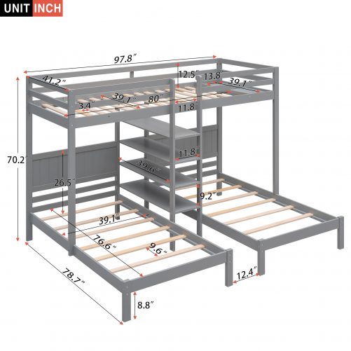 Twin XL over Twin&Twin Bunk Bed with Built-in Four Shelves and Ladder