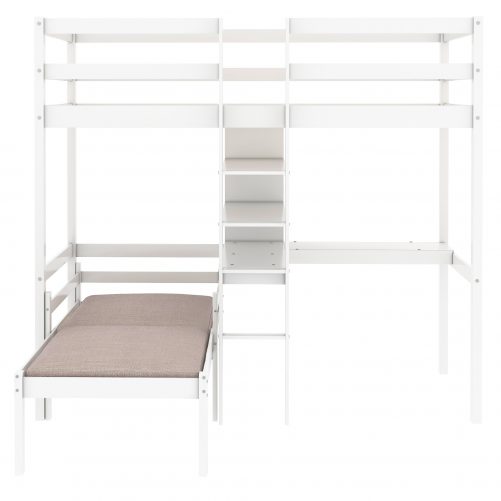 Convertible Loft Bed with L-Shape Desk, Twin Bunk Bed with Shelves and Ladder