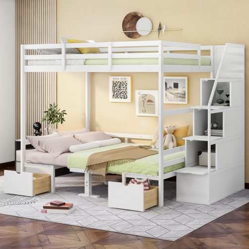 Full over Full Size Bunk Bed with Staircase, Can be Convertible to Seats and Table Set
