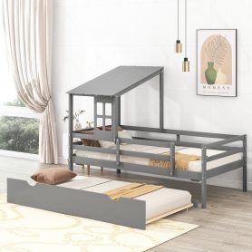 Twin Size Low Loft House Bed With Trundle, Roof And Window