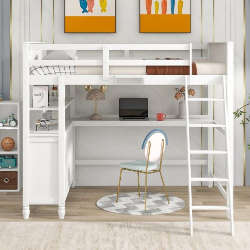 Wooden Full Size Loft Bed With Shelves, Drawers And Desk