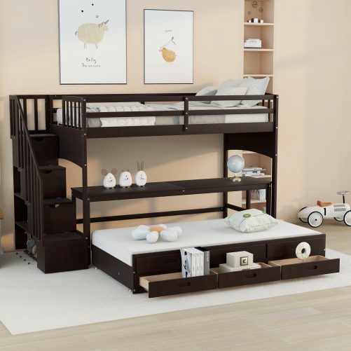 Stairway Twin XL Loft Bed with Twin Size Trundle and 3 Drawers, Storage, Desk