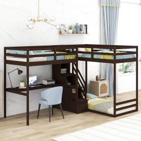 L-Shaped Twin Size Bunk Bed and Loft Bed with Built-in Middle Staircase and Desk